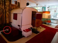Camper trailer with garden gnomes