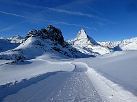 View of Matterhorn from winter hiking trail above Zermatt