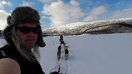 Dogsled up Karasjohka river in t-shirt
