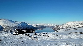 Mountain hut with dogs and fjord