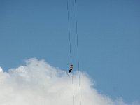 Zipline rider seen from below