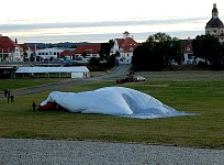 Blimp partly inflated by fan