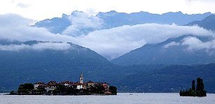 View across Lago Maggiore towards Isola dei Pescatori on a cloudy day
