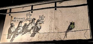 Refugee graffiti at Banksy museum in Madrid