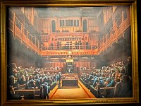 Monkey parliament oil painting at Banksy museum in Madrid