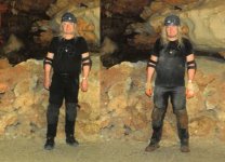 Before and after crawling through a cave