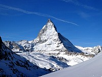 View of Matterhorn from winter hiking trail above Zermatt