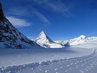 View of Matterhorn from winter hiking trail above Zermatt