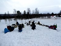 Sleds with bags of hay next to them