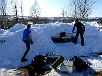 Digging snow hole for dog food