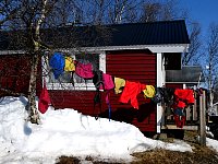 Dog jackets drying near cabin