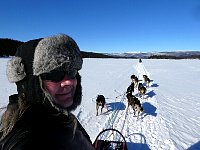 Selfie with dog sled and sled dogs